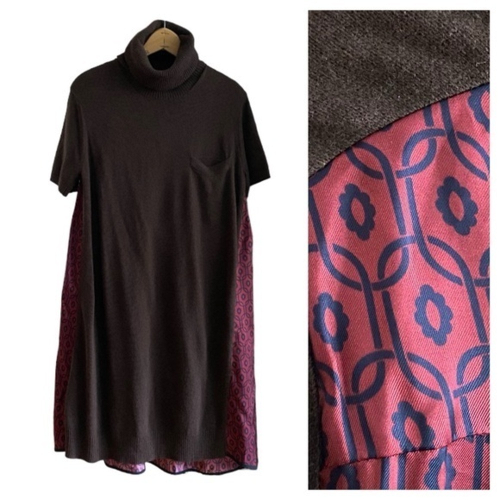 Hache Brown Cashmere Wool Blend Turtle Neck Sweater Satin Panel Dress 8